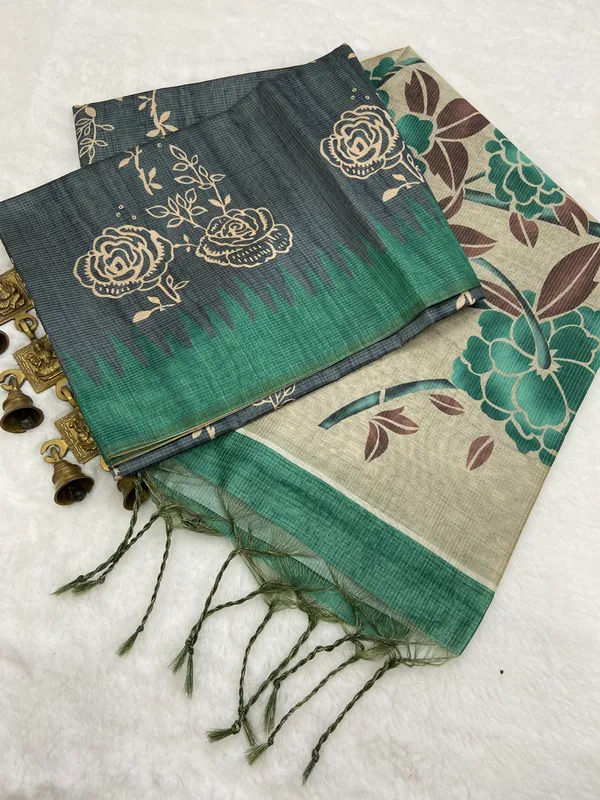 Yami_Grey_&_Rama_Green_–_Aesthetic_Edit_for_You_|_Soft_Tussar_Silk_Saree_with_Print,_Border_&_Contrast_Print_Blouse