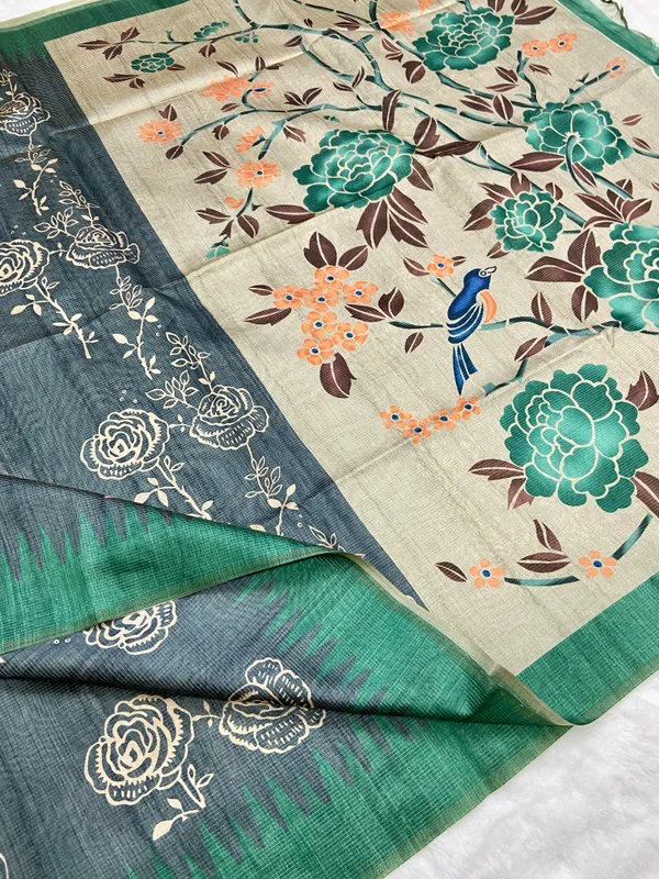Yami_Grey_&_Rama_Green_–_Aesthetic_Edit_for_You_|_Soft_Tussar_Silk_Saree_with_Print,_Border_&_Contrast_Print_Blouse