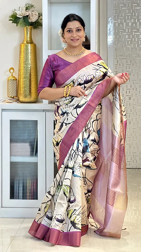 Soft_Tussar_Silk_sarees_with_Beautiful_Print_With_Attractive_Zari_Line_Saree_And_Print_Blouse_With_Tassels