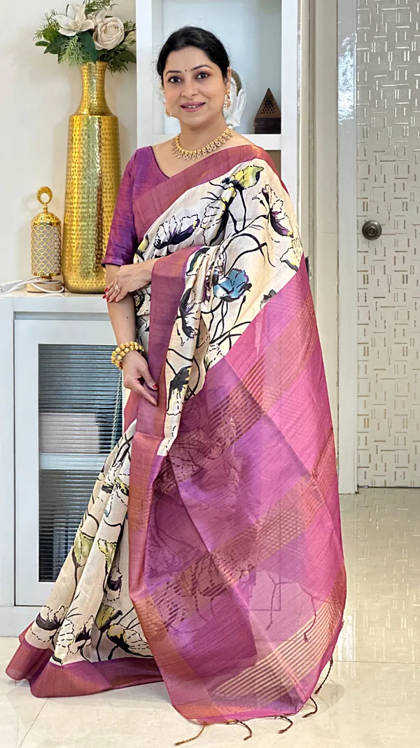 Soft_Tussar_Silk_sarees_with_Beautiful_Print_With_Attractive_Zari_Line_Saree_And_Print_Blouse_With_Tassels