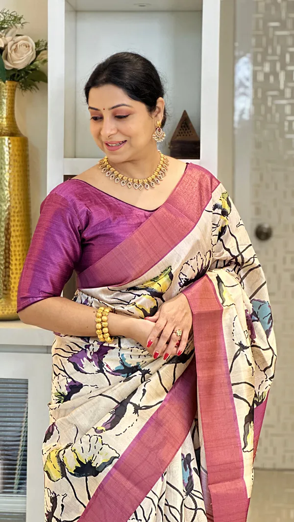 Soft_Tussar_Silk_sarees_with_Beautiful_Print_With_Attractive_Zari_Line_Saree_And_Print_Blouse_With_Tassels