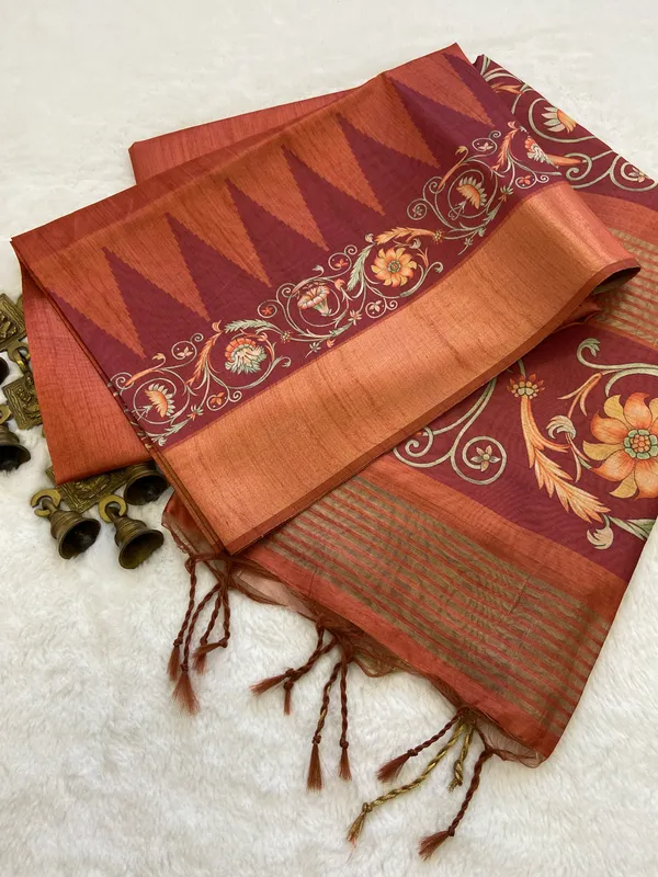 Cream-green flora, fauna, and geometric madhubani printed soft tussar saree, contrast zari border, peacock print pallu, and printed blouse