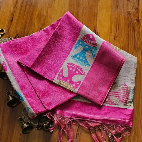 Fish_Pink_–_Navratri_Special_|_Soft_Tussar_Silk_Saree_with_Print,_Border_&_Contrast_Print_Blouse_with_Tassels