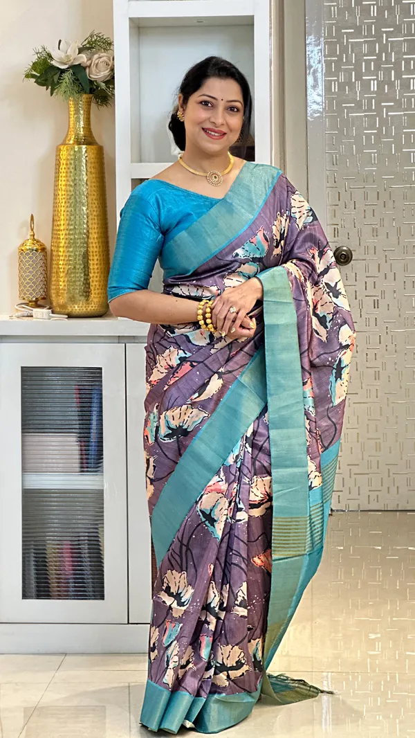 Soft_Tussar_Silk_sarees_with_Beautiful_Print_With_Attractive_Zari_Line_Saree_And_Print_Blouse_With_Tassels