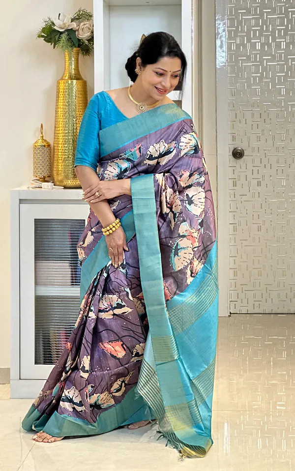 Soft_Tussar_Silk_sarees_with_Beautiful_Print_With_Attractive_Zari_Line_Saree_And_Print_Blouse_With_Tassels