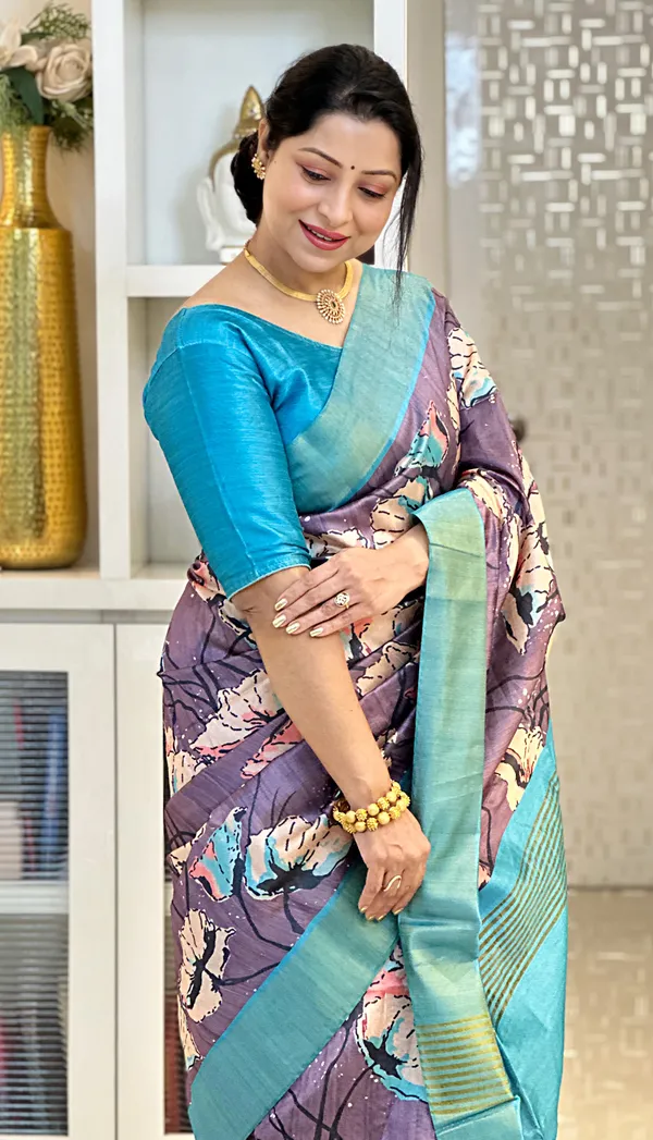 Soft_Tussar_Silk_sarees_with_Beautiful_Print_With_Attractive_Zari_Line_Saree_And_Print_Blouse_With_Tassels