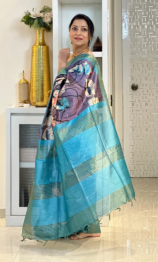 Soft_Tussar_Silk_sarees_with_Beautiful_Print_With_Attractive_Zari_Line_Saree_And_Print_Blouse_With_Tassels