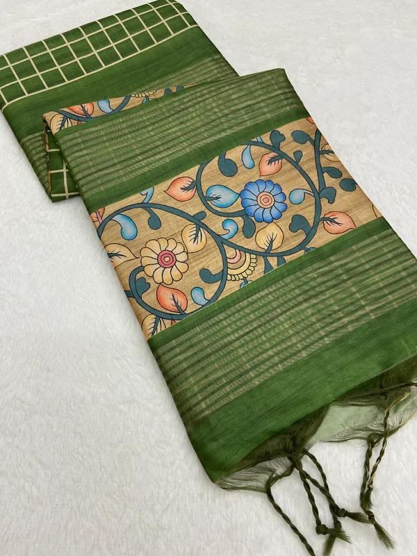 Nisha_Parrot_Green_–_Night_Glow_Navratri_Special_|_Soft_Tussar_Silk_Saree_with_Print,_Border_&_Contrast_Print_Blouse_with_Tassels