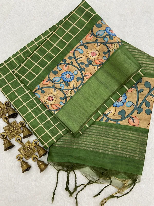 Nisha_Parrot_Green_–_Night_Glow_Navratri_Special_|_Soft_Tussar_Silk_Saree_with_Print,_Border_&_Contrast_Print_Blouse_with_Tassels