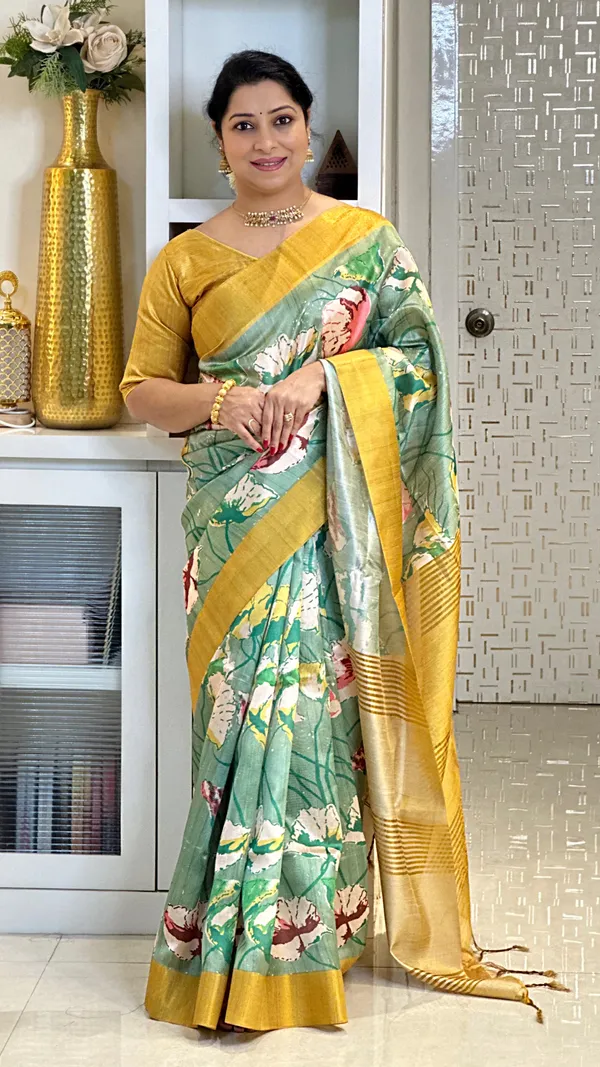 Anusha_Yellow_–_Zari_Line_Diwali_Special_|_Soft_Tussar_Silk_Saree_with_Print,_Zari_Line_Saree_&_Print_Blouse_with_Tassels