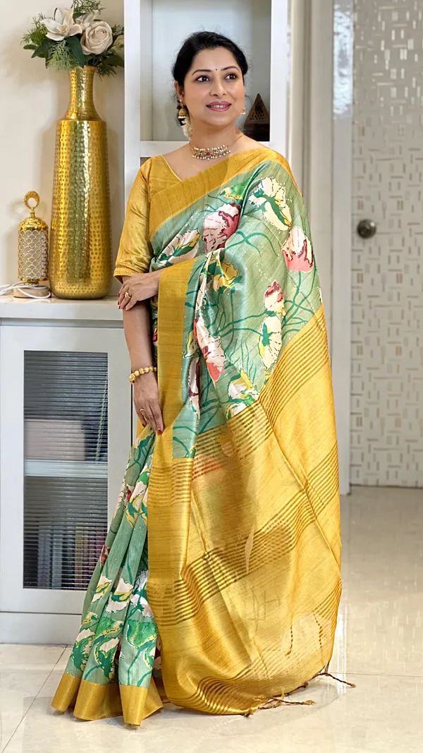 Anusha_Yellow_–_Zari_Line_Diwali_Special_|_Soft_Tussar_Silk_Saree_with_Print,_Zari_Line_Saree_&_Print_Blouse_with_Tassels
