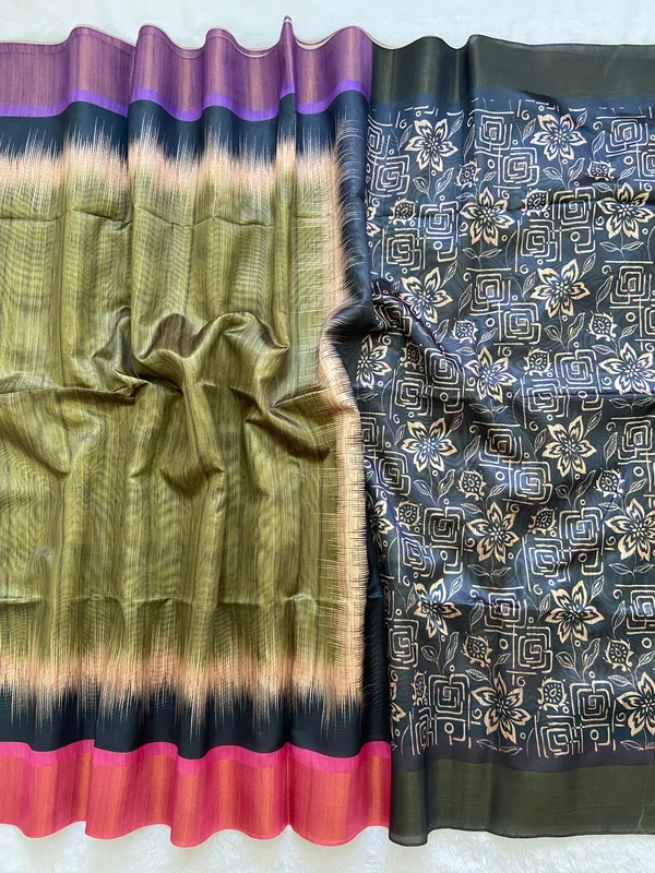 Mihika_Green_–_Dew_Fresh_Navratri_Special_|_Soft_Tussar_Silk_Saree_with_Print,_Pallu_&_Contrast_Print_Blouse_with_Tassels