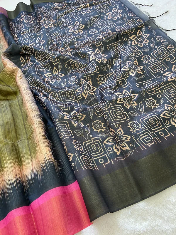 Mihika_Green_–_Dew_Fresh_Navratri_Special_|_Soft_Tussar_Silk_Saree_with_Print,_Pallu_&_Contrast_Print_Blouse_with_Tassels