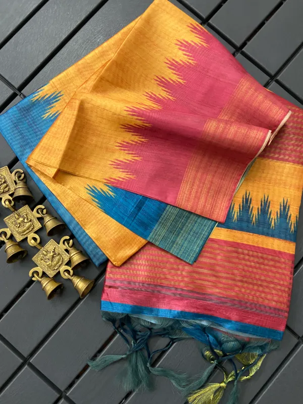 Malavika_Pink_&_Yellow_–_Festive_Season_Special_|_Soft_Tussar_Silk_Saree_with_Print,_Border_&_Contrast_Print_Blouse_with_Tassels