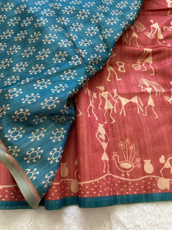 Ojasvi_Blue_–_Radiant_Navratri_Special_|_Soft_Tussar_Silk_Saree_with_Print,_Pallu_&_Contrast_Print_Blouse_with_Tassels