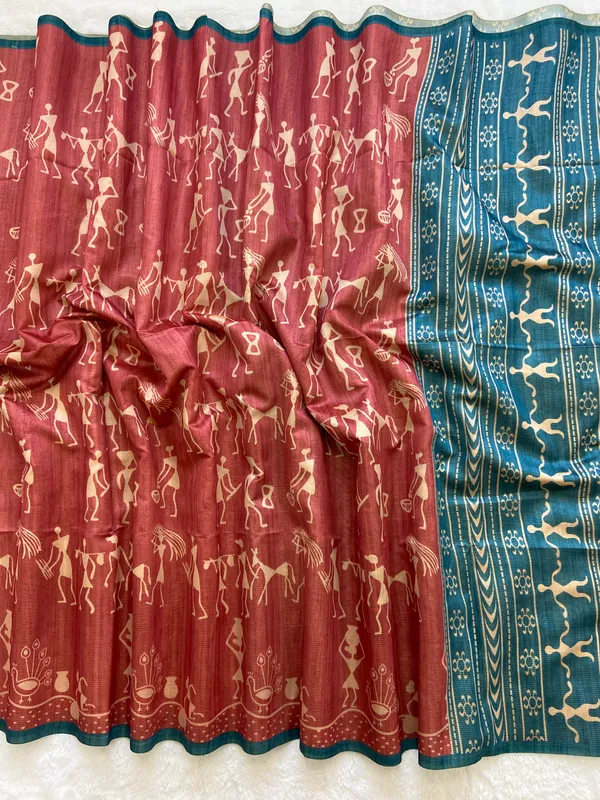 Ojasvi_Blue_–_Radiant_Navratri_Special_|_Soft_Tussar_Silk_Saree_with_Print,_Pallu_&_Contrast_Print_Blouse_with_Tassels