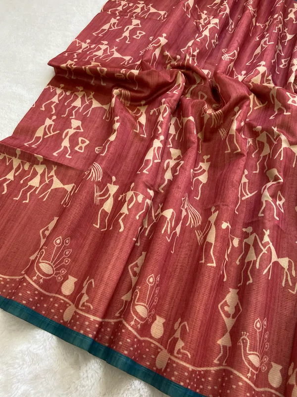 Ojasvi_Blue_–_Radiant_Navratri_Special_|_Soft_Tussar_Silk_Saree_with_Print,_Pallu_&_Contrast_Print_Blouse_with_Tassels
