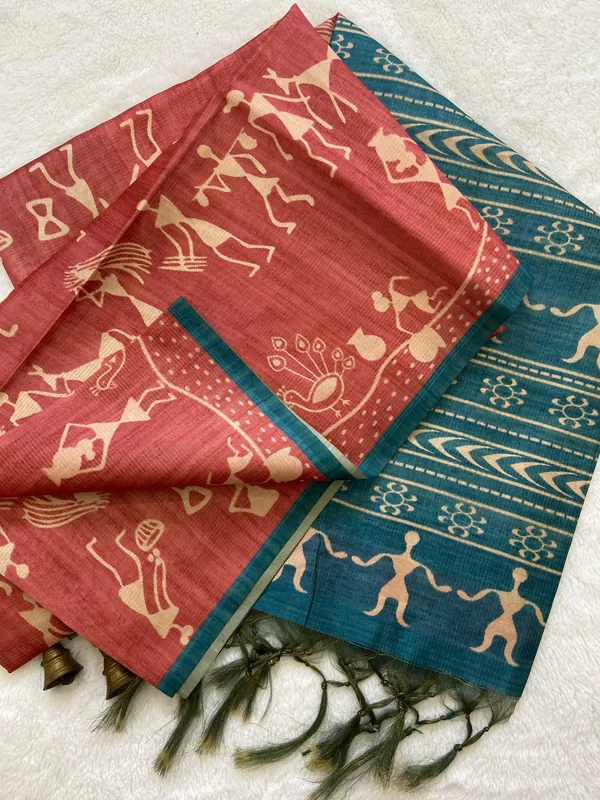 Ojasvi_Blue_–_Radiant_Navratri_Special_|_Soft_Tussar_Silk_Saree_with_Print,_Pallu_&_Contrast_Print_Blouse_with_Tassels