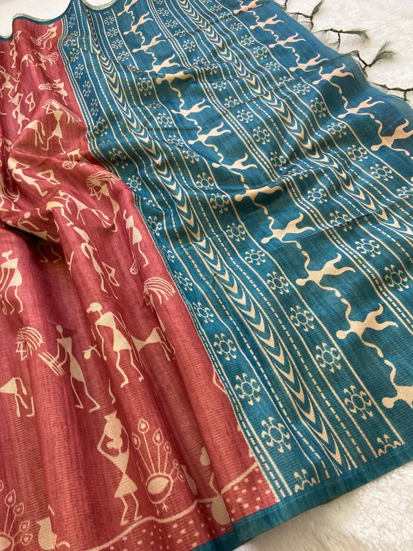 Ojasvi_Blue_–_Radiant_Navratri_Special_|_Soft_Tussar_Silk_Saree_with_Print,_Pallu_&_Contrast_Print_Blouse_with_Tassels