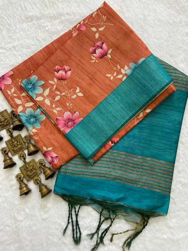 Mahi_2_Rama_Green_&_Orange_–_Festive_Season_Special_|_Soft_Tussar_Silk_Saree_with_Print,_Border_&_Contrast_Print_Blouse_with_Tassels