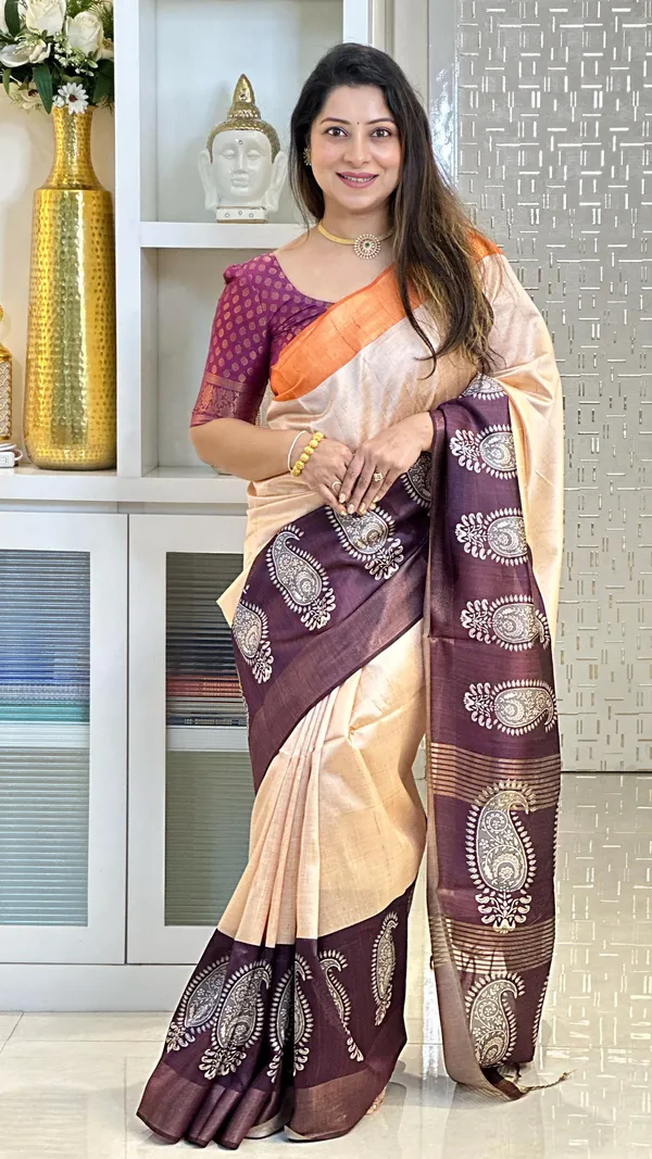 Mango_2_Wine_&_Orange_–_Diwali_Special_|_Soft_Tussar_Silk_Saree_with_Print,_Border_&_Contrast_Print_Blouse_with_Tassels