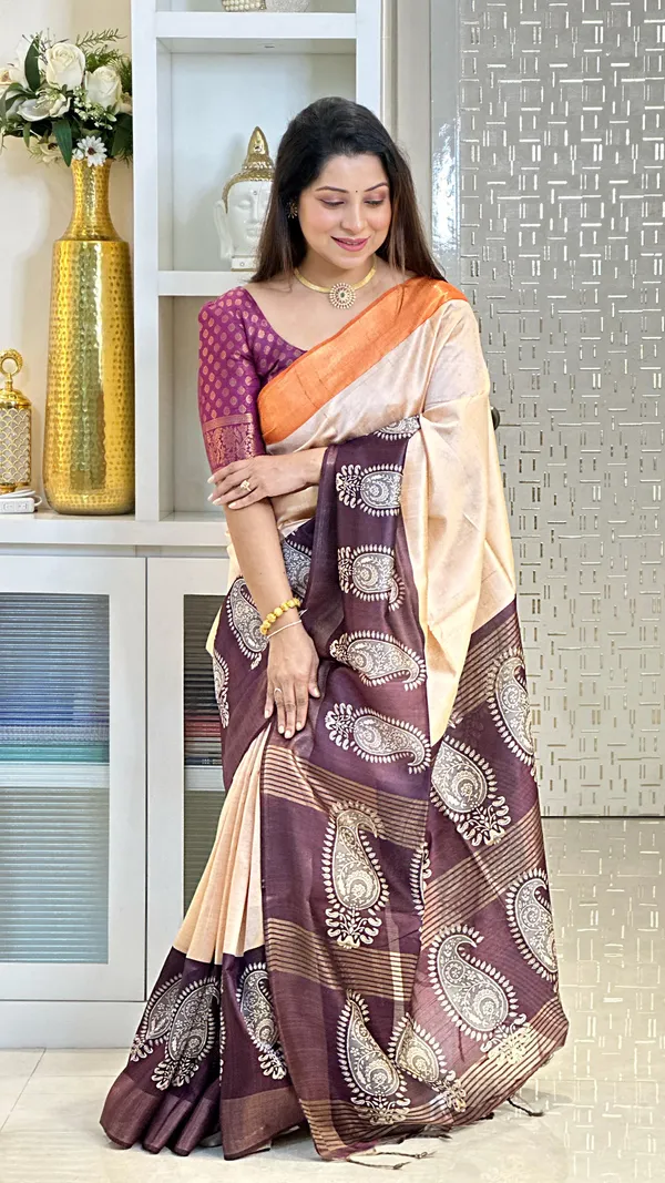 Mango_2_Wine_&_Orange_–_Diwali_Special_|_Soft_Tussar_Silk_Saree_with_Print,_Border_&_Contrast_Print_Blouse_with_Tassels