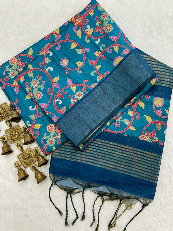 Januja_Rama_Green_–_Navratri_Special_|_Soft_Tussar_Silk_Saree_with_Print,_Border_&_Contrast_Print_Blouse_with_Tassels