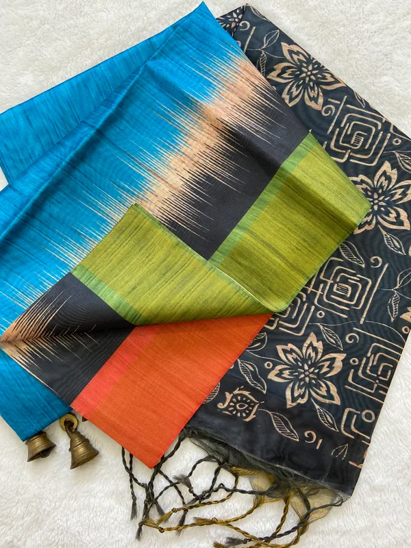 Mihika_Sky_Blue_–_Dew_Fresh_Navratri_Special_|_Soft_Tussar_Silk_Saree_with_Print,_Pallu_&_Contrast_Print_Blouse_with_Tassels
