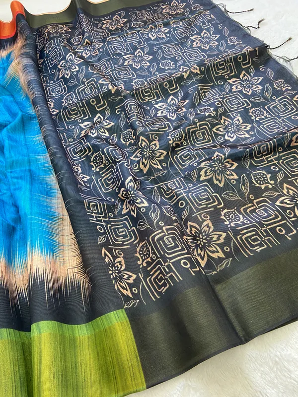 Mihika_Sky_Blue_–_Dew_Fresh_Navratri_Special_|_Soft_Tussar_Silk_Saree_with_Print,_Pallu_&_Contrast_Print_Blouse_with_Tassels