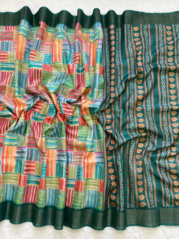 Omya_Rama_Green_–_Aesthetic_Edit_for_You_|_Soft_Tussar_Silk_Saree_with_Print,_Slub_Pattern_&_Print_Blouse_with_Tassels