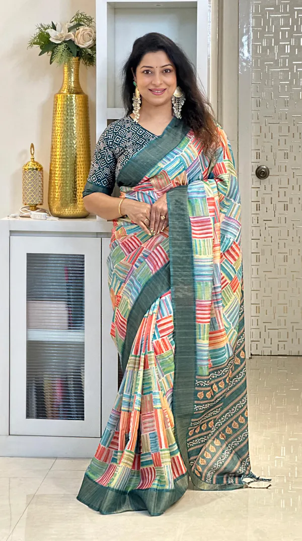 Omya_Rama_Green_–_Aesthetic_Edit_for_You_|_Soft_Tussar_Silk_Saree_with_Print,_Slub_Pattern_&_Print_Blouse_with_Tassels