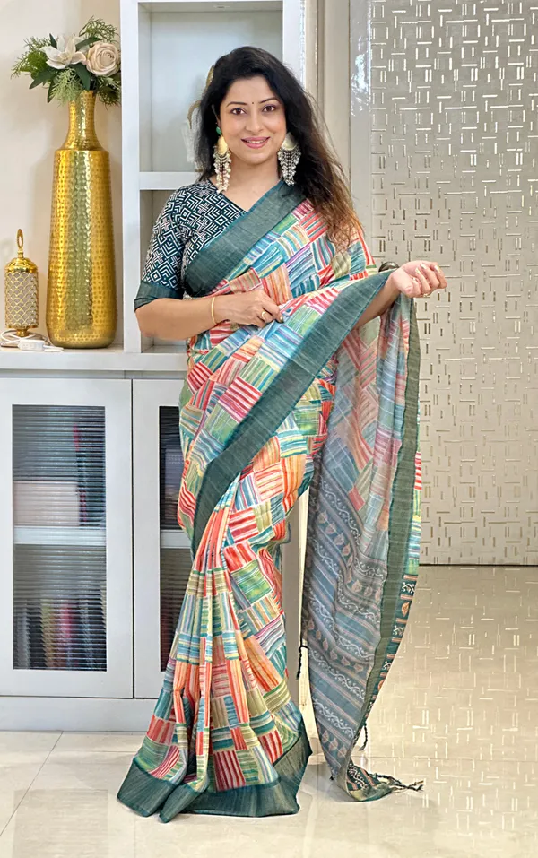 Omya_Rama_Green_–_Aesthetic_Edit_for_You_|_Soft_Tussar_Silk_Saree_with_Print,_Slub_Pattern_&_Print_Blouse_with_Tassels