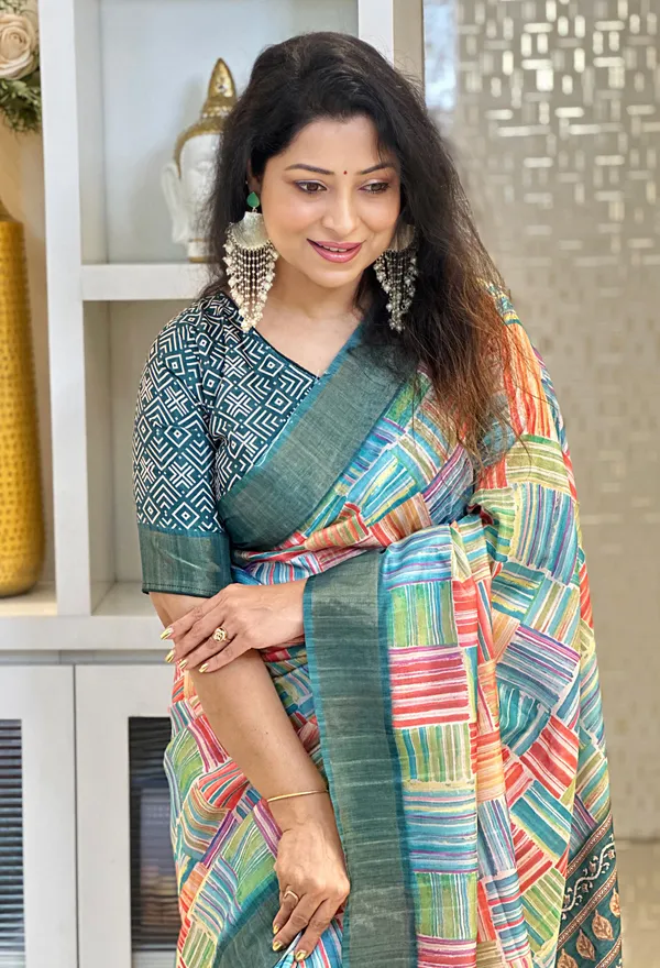 Omya_Rama_Green_–_Aesthetic_Edit_for_You_|_Soft_Tussar_Silk_Saree_with_Print,_Slub_Pattern_&_Print_Blouse_with_Tassels