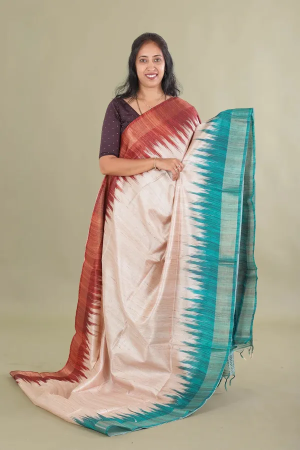Soft_Tussar_Silk_sarees_with_Beautiful_Print_With_Attractive_Border_And_Contrast_Print_Blouse_With_Tassels_in_new_styles