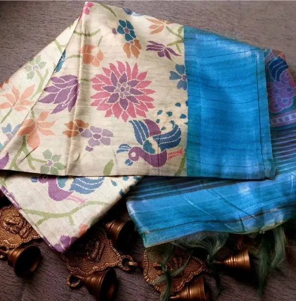 Cream-green flora, fauna, and geometric madhubani printed soft tussar saree, contrast zari border, peacock print pallu, and printed blouse main image 1