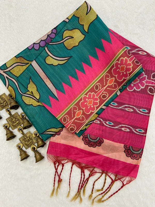 Bimala_Rama_Green_–_Pure_Navratri_Special_|_Soft_Tussar_Silk_Saree_with_Print,_Border_&_Contrast_Print_Blouse_with_Tassels