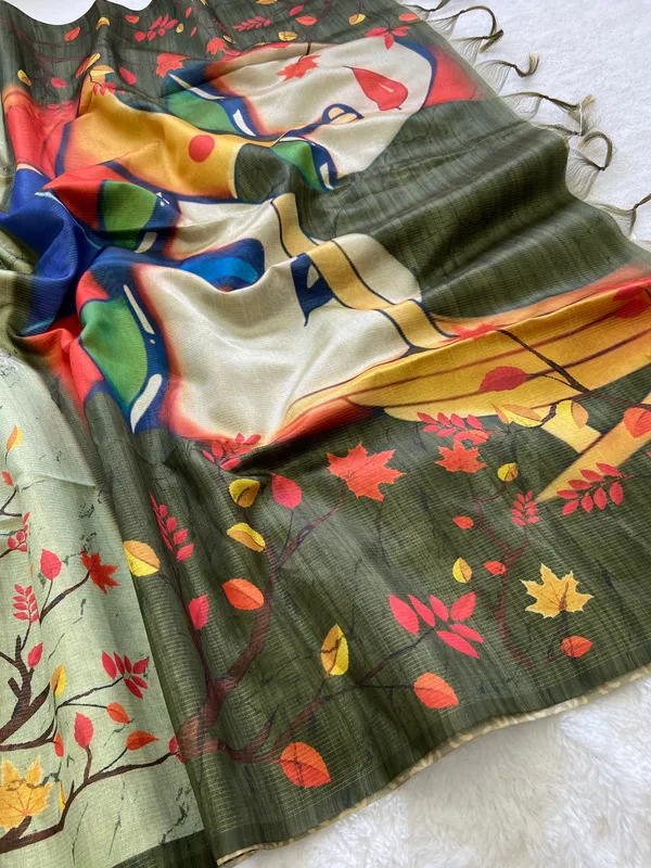Indira_Green_–_Prosperous_Navratri_Special_|_Soft_Tussar_Silk_Saree_with_Print,_Zari_Line_Saree_&_Print_Blouse_with_Tassels
