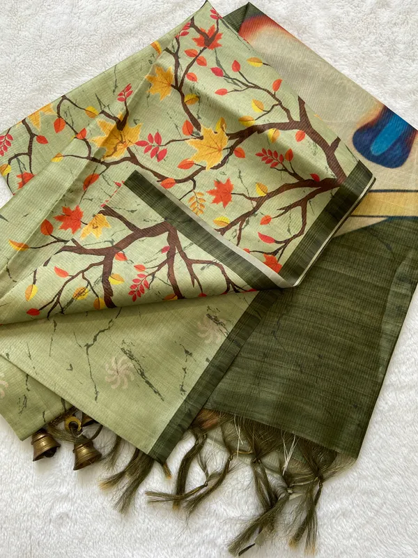 Indira_Green_–_Prosperous_Navratri_Special_|_Soft_Tussar_Silk_Saree_with_Print,_Zari_Line_Saree_&_Print_Blouse_with_Tassels