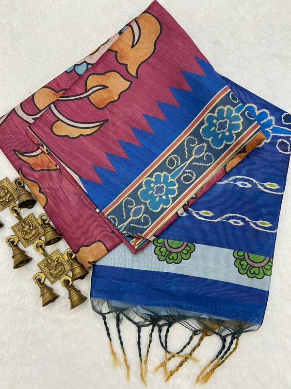 Bimala_Wine_–_Pure_Diwali_Special_|_Soft_Tussar_Silk_Saree_with_Print,_Border_&_Contrast_Print_Blouse_with_Tassels