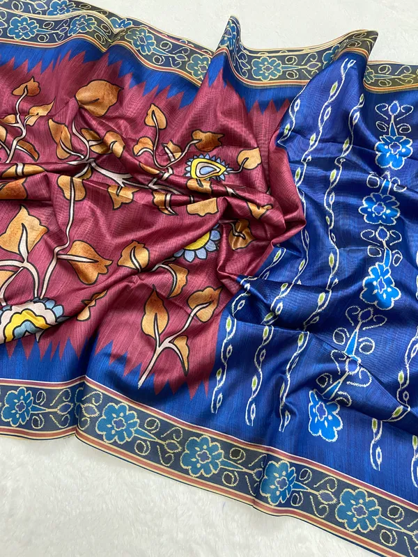 Bimala_Wine_–_Pure_Diwali_Special_|_Soft_Tussar_Silk_Saree_with_Print,_Border_&_Contrast_Print_Blouse_with_Tassels