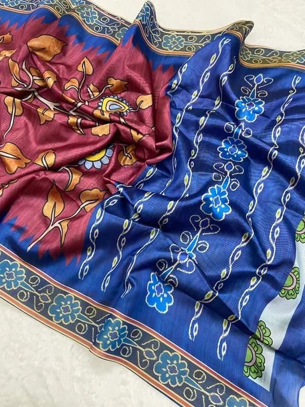 Bimala_Wine_–_Pure_Diwali_Special_|_Soft_Tussar_Silk_Saree_with_Print,_Border_&_Contrast_Print_Blouse_with_Tassels