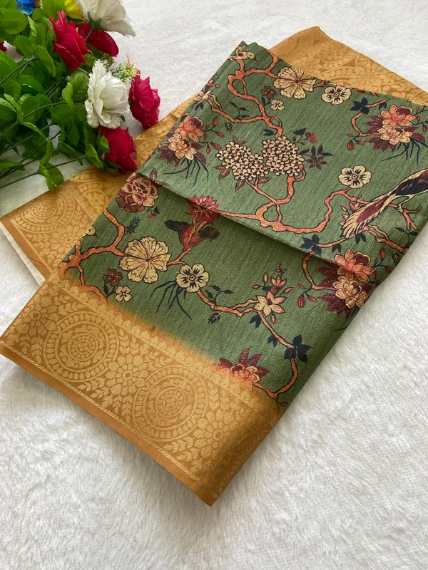 Suhana_Green_–_Pleasant_Navratri_Special_|_Soft_Tussar_Silk_Weaving_Saree_with_Print,_Weaving_Border_&_Rich_Zari_Weaving_Pallu_&_Contrast_Print_Blouse