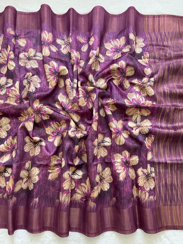 Soft_Tussar_Silk_sarees_with_Beautiful_Print_With_Attractive_Pallu_&_Zari_Border_And_Contrast_Print_Blouse_With_Tassels