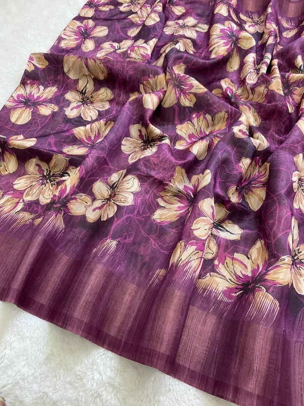 Soft_Tussar_Silk_sarees_with_Beautiful_Print_With_Attractive_Pallu_&_Zari_Border_And_Contrast_Print_Blouse_With_Tassels