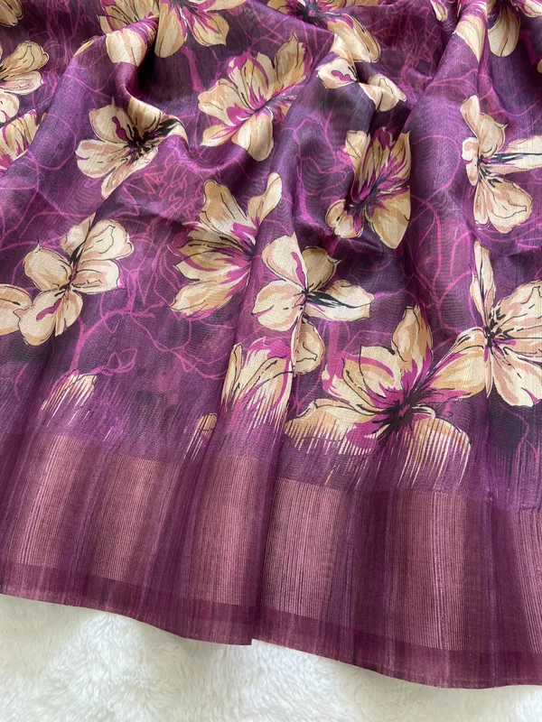 Soft_Tussar_Silk_sarees_with_Beautiful_Print_With_Attractive_Pallu_&_Zari_Border_And_Contrast_Print_Blouse_With_Tassels