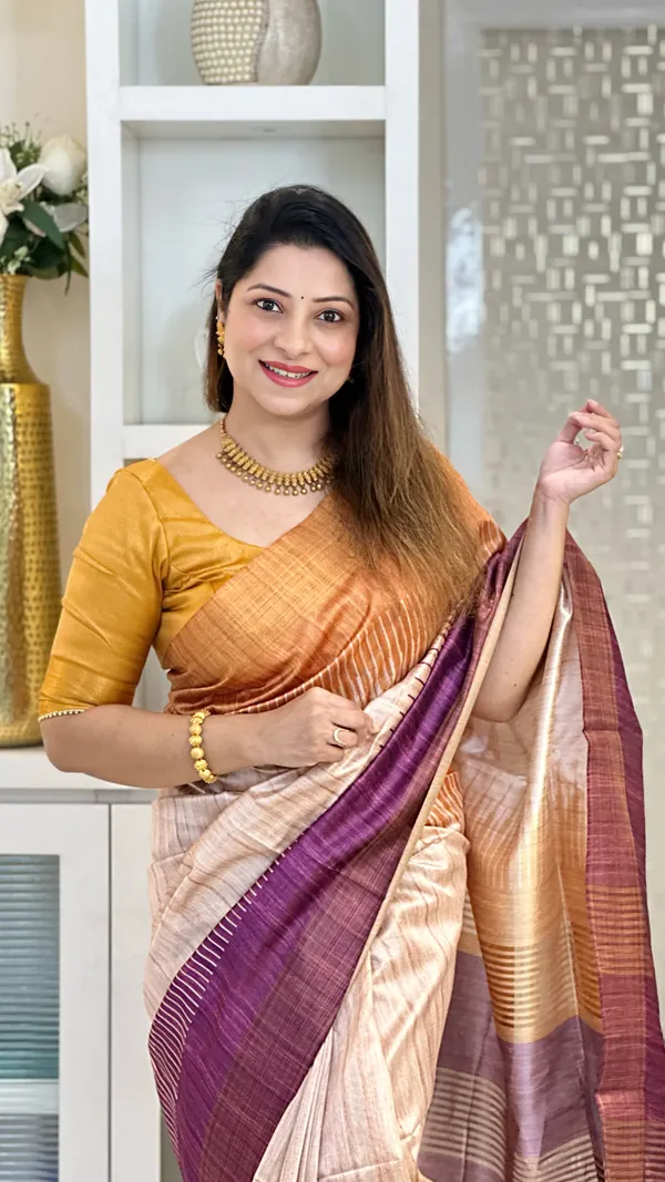 Samaa_Wine_&_Yellow_–_Spellbinding_Diwali_Special_|_Soft_Tussar_Silk_Saree_with_Print,_Border_&_Contrast_Print_Blouse_with_Tassels
