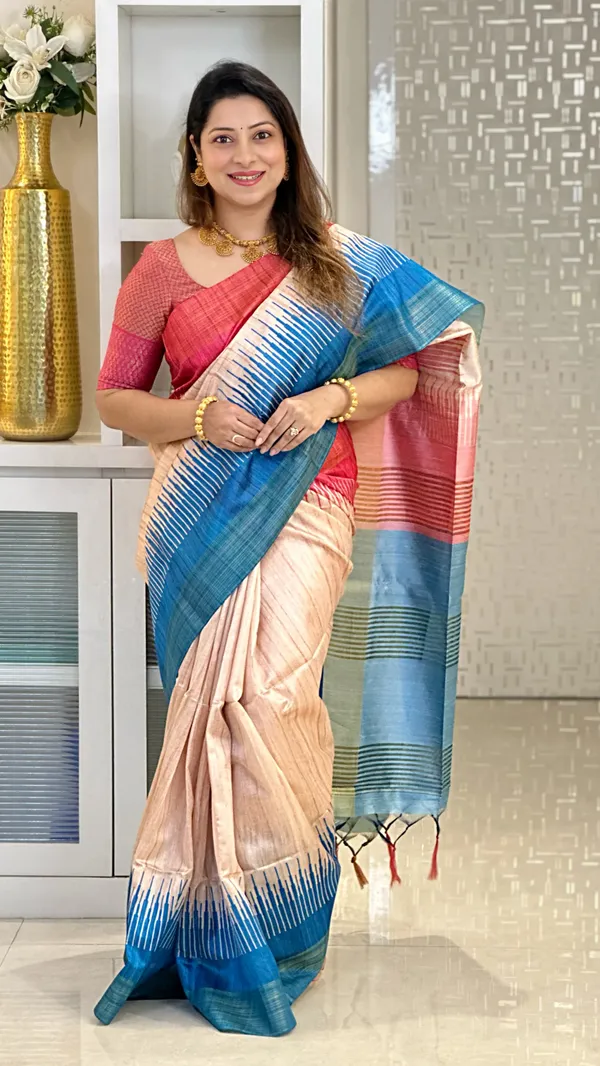 Soft_Tussar_Silk_sarees_with_Beautiful_Print_With_Attractive_Border_And_Contrast_Print_Blouse_With_Tassels_in_new_styles