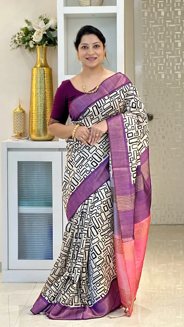 Sapchidi_Wine_&_Pink_–_Diwali_Special_|_Soft_Tussar_Silk_Saree_with_Print,_Border_&_Contrast_Print_Blouse_with_Tassels