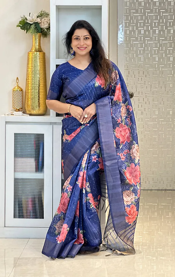 Tanisha_Blue_–_Navratri_Special_|_Soft_Tussar_Silk_Saree_with_Print,_Pallu_&_Zari_Border_&_Contrast_Print_Blouse_with_Tassels