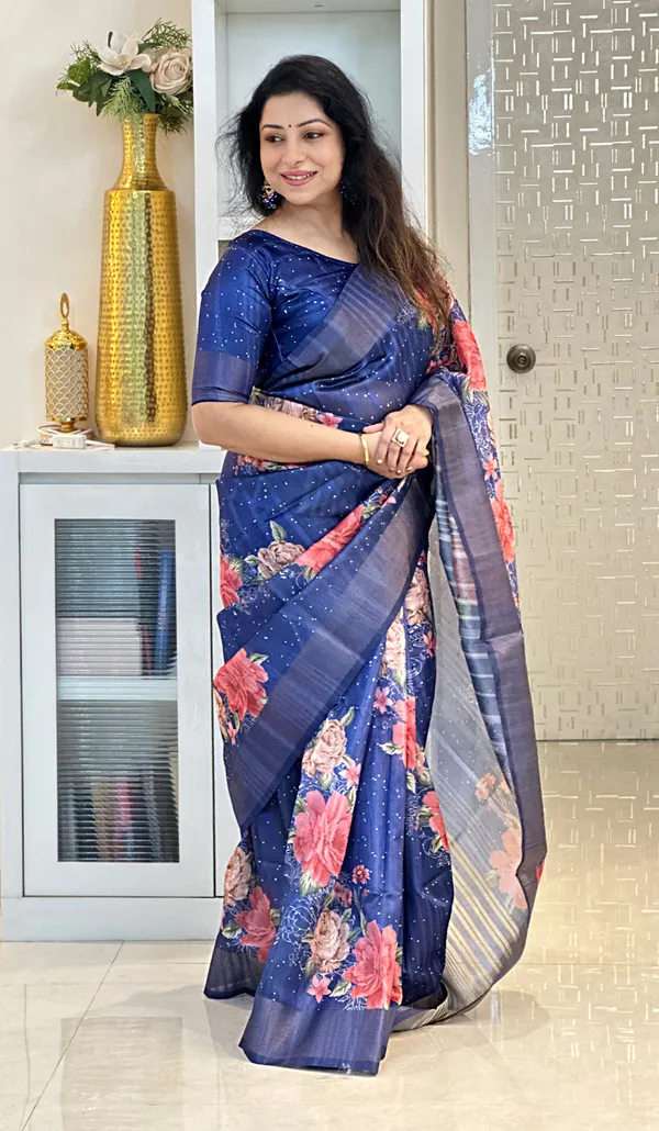 Tanisha_Blue_–_Navratri_Special_|_Soft_Tussar_Silk_Saree_with_Print,_Pallu_&_Zari_Border_&_Contrast_Print_Blouse_with_Tassels